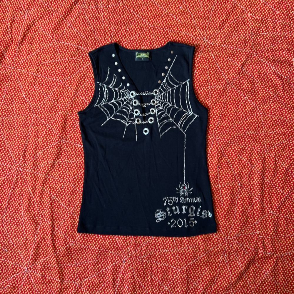 Biker Clothing Co Women Black Sturgis 2015 75th Anniversary Rhinestone Tank L